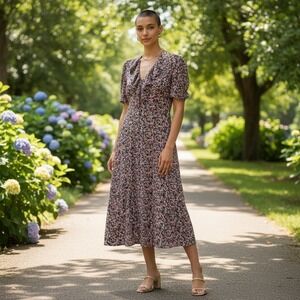 Vintage 90s Pink Floral sz 12 Ruffle Collar Romantic Tea Dress Midi cottagecore